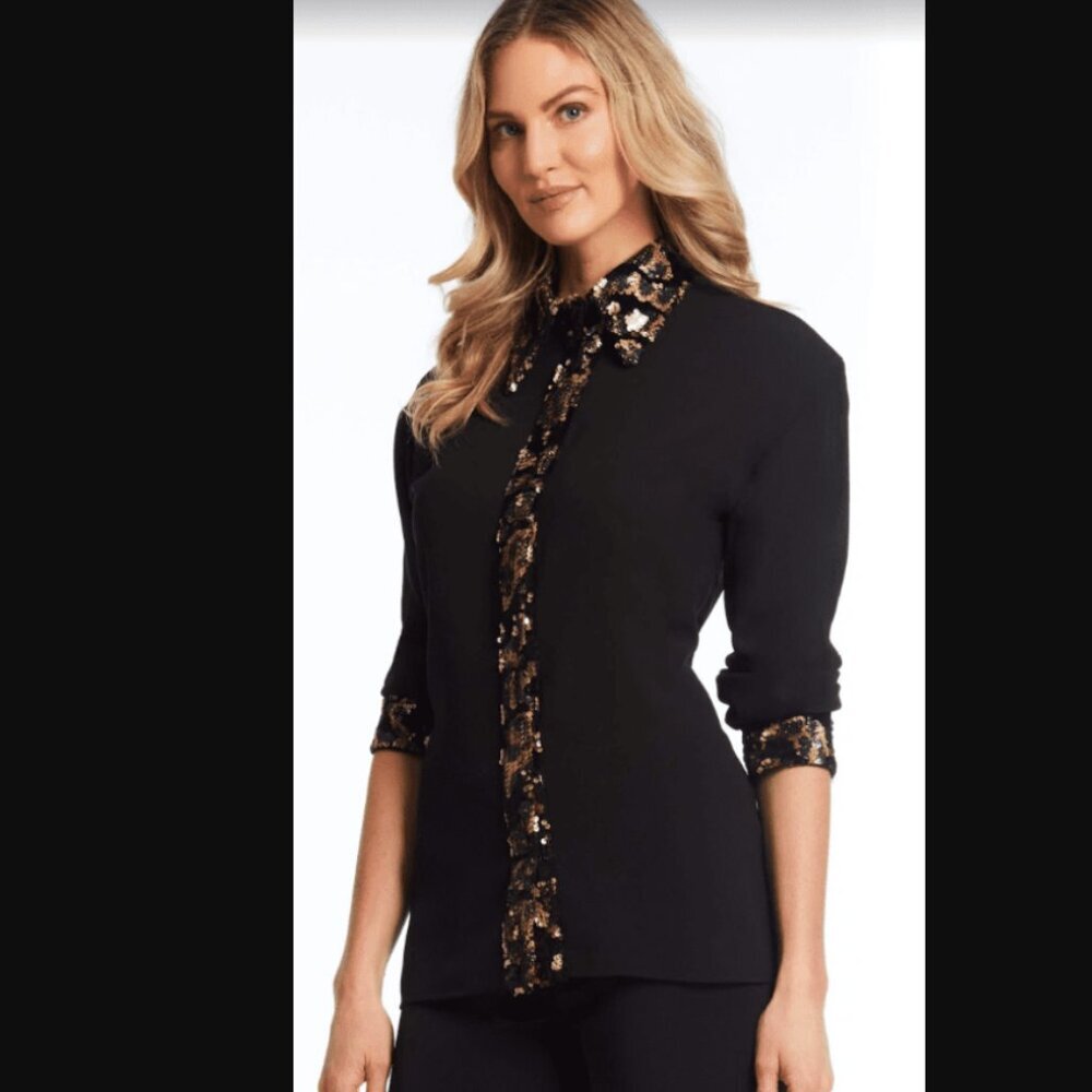 Alberto Makali size Medium Black Gold Sequin Trim Snap Button Down‎ Evening